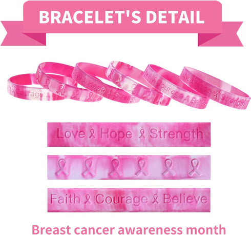 Bundle of 48 Pcs Die Cut Pink Ribbon Stickers and 48 Pcs Pink Ribbon Camouflage Breast Cancer Awareness Bracelets in 2 designs, Faith Courage Beli...
