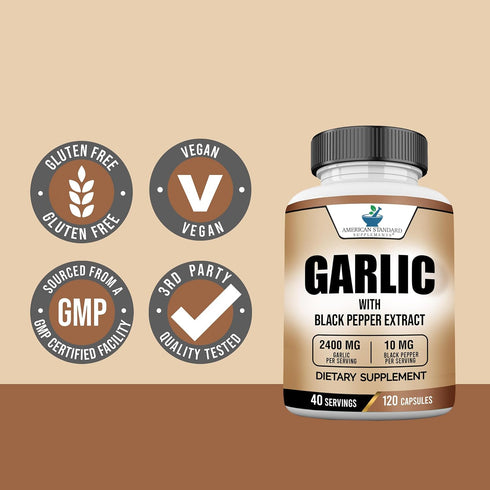 American Standard Supplements Garlic 2400mg Per Serving with Black Pepper Fruit Extract – Vegan, Gluten Free, Non-GMO, 120 Capsules, 40 Servings...