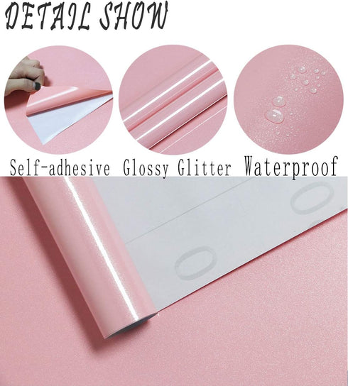 15.8”×197”Glossy Pink Contact Paper Peel and Stick Countertop Contact Paper Self-adhesive Removable Glitter Contact Paper Waterproof Wallpaper Dec...