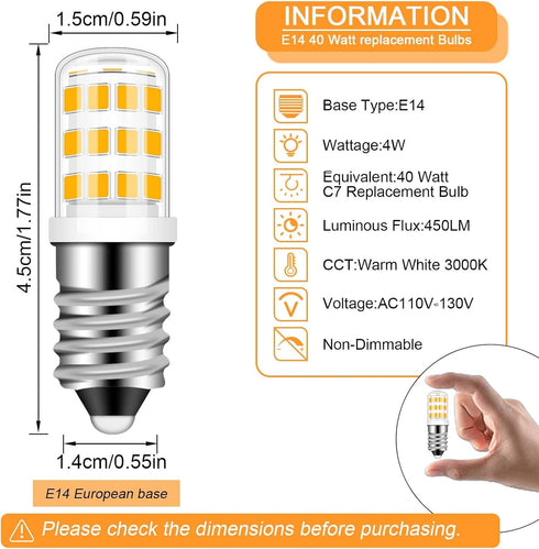 E14 LED Bulb 4W 120V European Light Bulbs 40W Equivalent, Dimmable E14 Base for Fridge Refrigerator Bulbs Cooker Hood Bulbs Turkish lamp Bulb, E14...