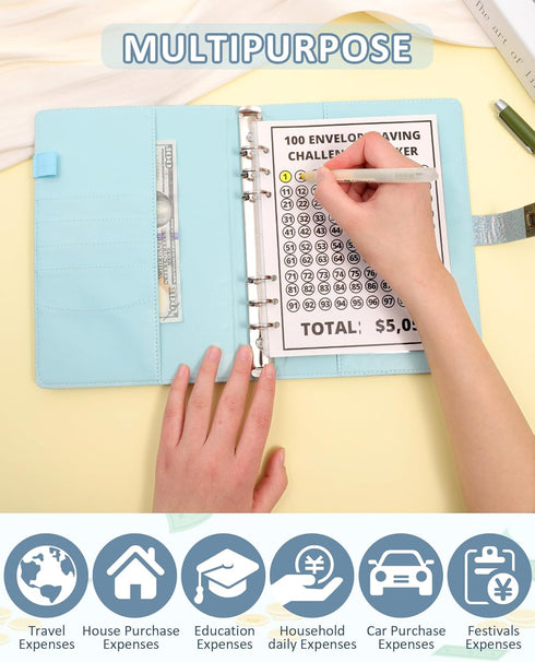 100 Envelope Challenge Binder with Lock - A5 Money Saving Budget Binder Easy and Fun Way to Save $5,050 Savings Challenges Book with Envelopes (Bl...