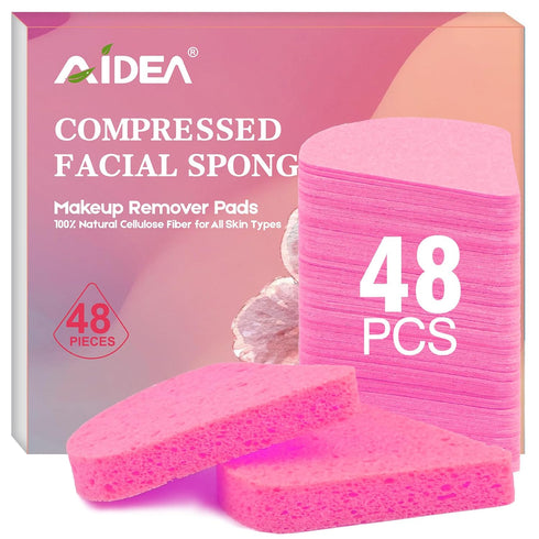 48Count Compressed Facial Sponges-Pink, AIDEA Disposable Face Sponges, Natural Cellulose Cosmetic Spa Sponges for Facial Cleansing, Exfoliating, M...