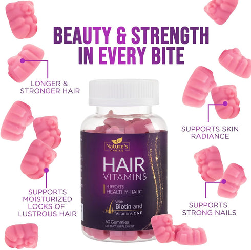 Hair Vitamins Gummies with Biotin 5000 mcg Vitamin E & C Support Hair Growth Gummy, Premium Vegetarian Non-GMO, for Stronger, Beautiful Hair, Skin...