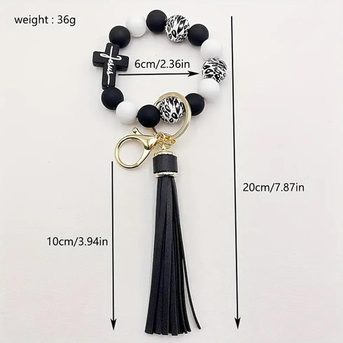 Wristlet Bracelet Keychain for Women,Silicone/Wood Cross Leopard Beaded Bracelet with PU Tassel,Clip Key Holder...