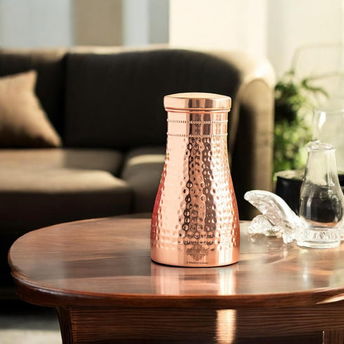 Indian Art Villa Pure Copper Bedroom Water Bottle With Inbuilt Glass & Hammered Shine Design, Drinkware, Storage Purpose, Volume-32 Oz...