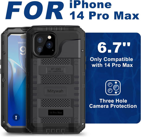 Mitywah Waterproof Case for iPhone 14 Pro Max, Heavy Duty Metal Case with Built-in Screen Protector, Military Grade Drop Protection Full Body Alum...