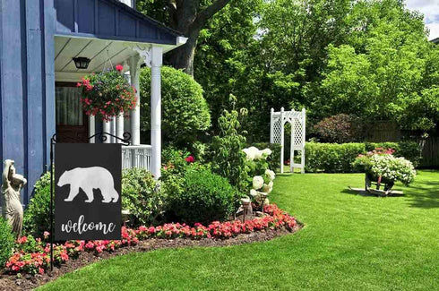 AOYEGO Bear Welcome Garden Yard Flag 12.5"x 18" Double Sided Polyester Black Background Bear House Flag Banners for Patio Lawn Outdoor Home Decor...
