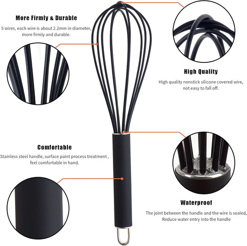 high temperature and easy to clean silicone whisk, stirrer, 10 inch, grip good grip design for Blending Whisking Beating Stirring Cooking Baking (...
