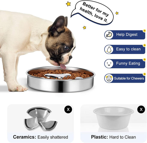 Slow Feeder Dog Bowls 304 Stainless Steel, 2 Cups Metal Food Bowls, Water Bowl for Small & Medium Sized Dogs, Fun Bloat Stop Pet Fast Eaters...