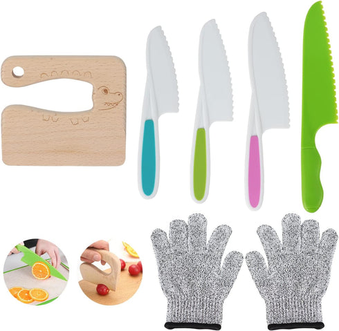 6pcs Kids Wooden and Plastic Knife Set, Kids Safe Knife with Wood Kids Knife Resistant Gloves Cooking Knives Serrated Edges Toddler Knife Kids Pla...