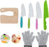 6pcs Kids Wooden and Plastic Knife Set, Kids Safe Knife with Wood Kids Knife Resistant Gloves Cooking Knives Serrated Edges Toddler Knife Kids Pla...
