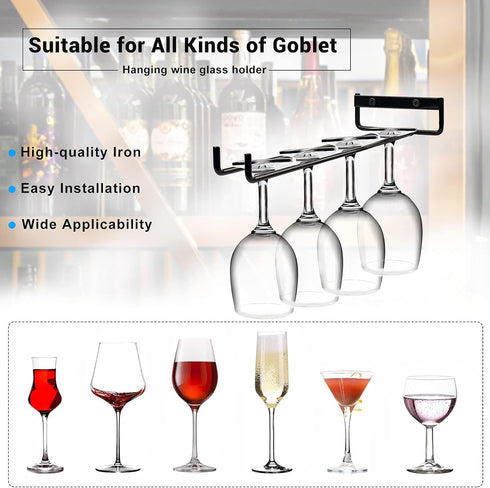 AUHOKY 2Pcs Stemware Glass Rack, Metal Wine Glass Holder, Under Cabinet Organization, Hanging Wine Cup Display Stand for Cabinet Kitchen Bar (Blac...