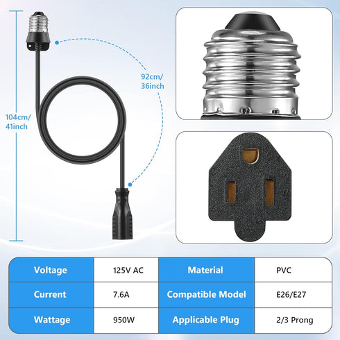 3 Outlet Light Socket Adapter, Convert E26/E27 Bulb Socket to 3 Prong Outlet with Extension Cord, Flexible Light Socket Converter Suitable for Ind...