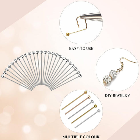 1000 Pieces Jewelry Making Silver Gold 16mm 20mm 25mm 30mm Ball Head Pins Needles Brass Long Craft Head Pins for Jewelry Making Bracelet Earring (...