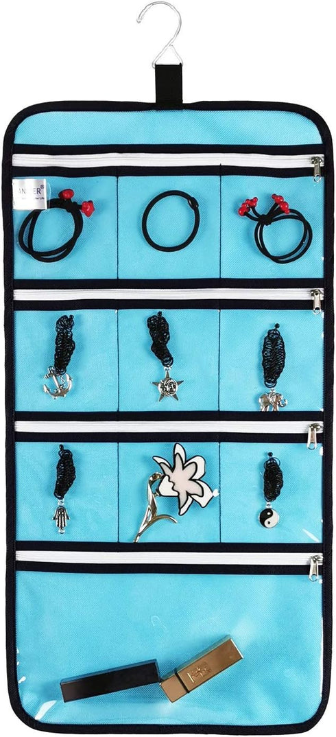 Hanging Jewelry Organizer with 10 Zippered Clear Pockets for Travel Suitcase and Home Closet Jewelry Storage Bag (BLUE)...