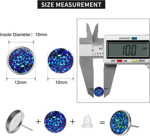 Maitys 200 Pcs 20 Colors Druzy Resin Cabochons Stainless Steel Stud Earring, Faux Druzy Cabochons Round Flat Back Dome for Jewelry Making, DIY Cra...
