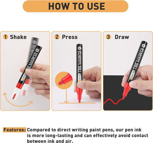 Tire Marker White Red - 8 Pack Paint Pens for Car Tires Lettering, Premium Professional Oil Based Ink, Waterproof Quick Drying Non-Fading Permanen...