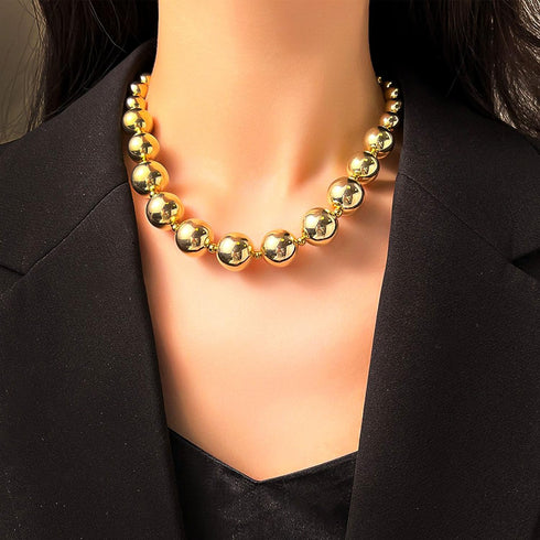 HSQYJ Shiny 14k Gold Beaded Stainless Steel Necklace High Polish Graduated Bead Ball Chain Necklace Fashion Chunky Choker Costume Jewelry Gift for...