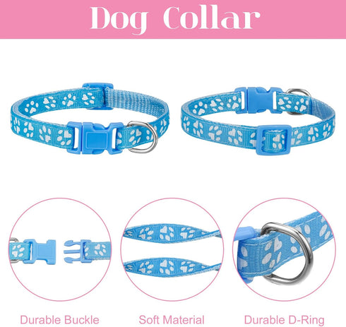 2 Packs Dog Collar and Leash Set, Puppy Collar and Lead Set Quick Release Buckle Adjustable Paw Print Puppy Collar Soft Nylon Pet Collar for Puppy...