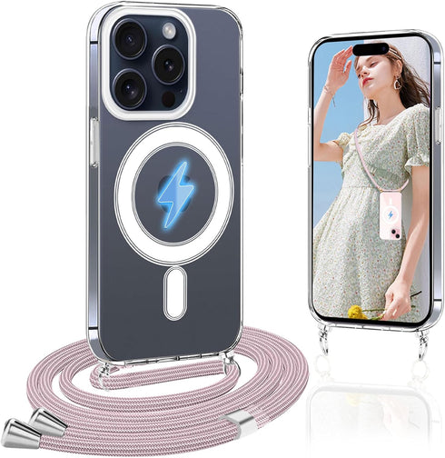 Compatible with iPhone 15 Pro Case, Compatible with MagSafe Clear Case Camera Protection Phone Crossbody Cover with Adjustable Lanyard Strap Shock...
