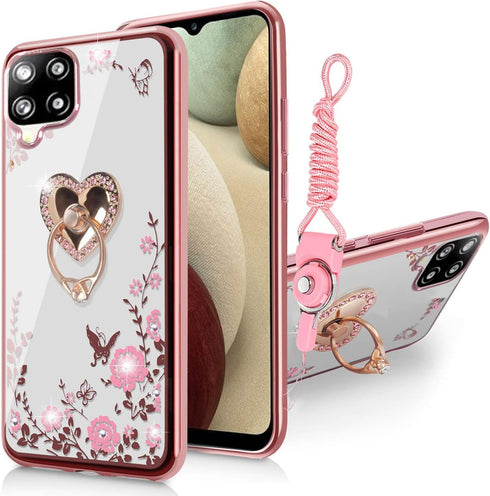 B-wishy for Samsung Galaxy A12 5G Case, Glitter Crystal Butterfly Heart Floral Slim Luxury Bling Diamond Rhinestone Cute Girls TPU Case with Ring ...