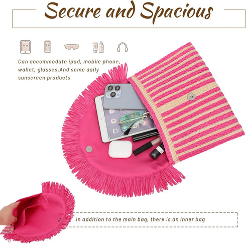Women Fringe Straw Clutch Purses Envelope Summer Beach Bags Woven Clutch Handbags...