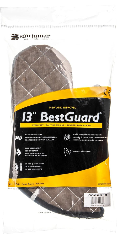 San Jamar 800FG13 BestGuard Commercial Heat Protection Up To 450° F Oven Mitts (Pair), 13" Length, Tan...