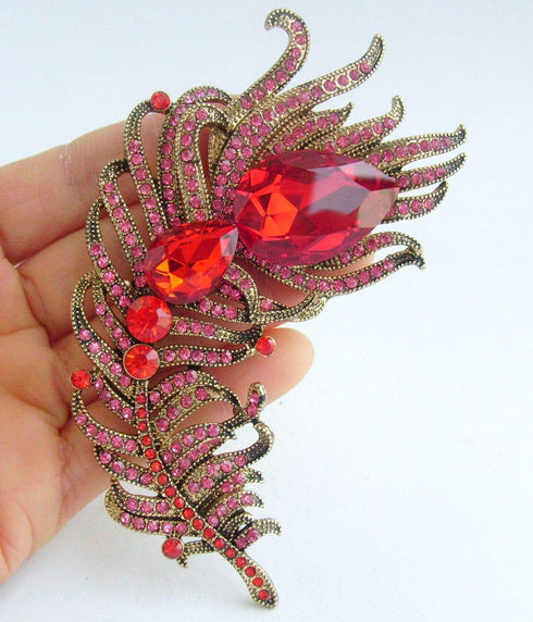 Zeepoffine 4.33" Rhinestone Crystal Peacock Feather Brooch Pin Pendant BZ5038 (Gold-Tone Red)...