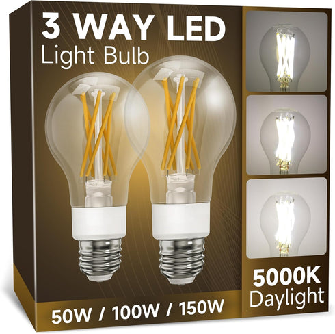 3 Way Light Bulbs 50 100 150w Equivalent, Daylight White 5000K, E26 LED Filament Light Bulbs, Three Way A19 LED Light Bulb with 90+ CRI, Bright Wh...