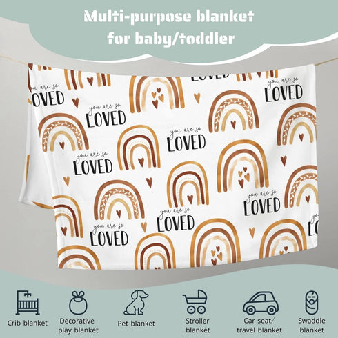 Boho Rainbow You are So Loved Baby Blanket Girl Boy Gift, Inspirational Brown Flannel Fleece Nursery Bed Receiving Blankets, Soft Lightweight Newb...