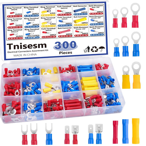 Tnisesm 300PCS Insulated Wire Crimp Connectors Assortment Kit with Ring, Spade, Butt, Quick Disconnect, Crimp Automotive Cable Terminals TN-T01...