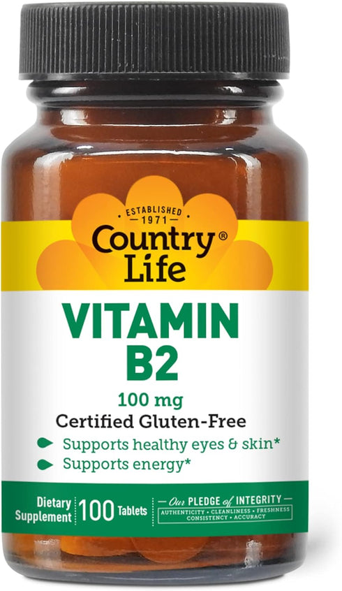 Country Life Vitamin B-2, Supports Health Eyes & Skin and Energy, 100mg, 100 Tablets, Certified Gluten Free, Certified Vegan, Certified Halal…...