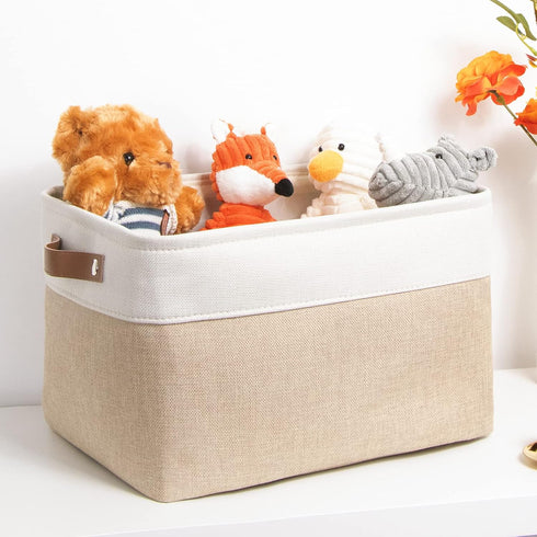 DULLEMELO Collapsible Rectangle Fabric Storage Basket for Organizing Clothes, Toys, Towels, Books, Laundry, Nursery, Dog Toys (White & Khaki)...