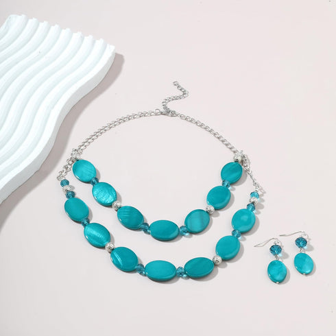 2 Layered Chunky Beaded Shell Necklace for Women Sea Shell blue/yellow/red/green/turquoise/teal/white Statement Necklace and Earring Set Elegant W...