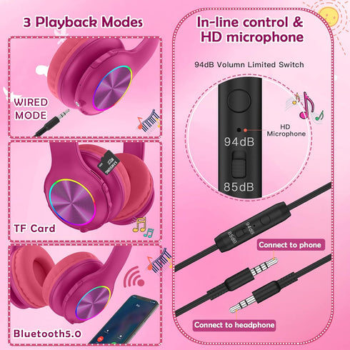 2023 Bluetooth Kids Headphones Fit for Aged 3-21, Colorful LED Lights Comfort Wireless Headphones with Microphone 94dB Volume Limited for School/i...
