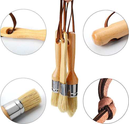 Professional Chalk and Wax Paint Brush Set, 3pcs Small Round Reusable Natural Bristle Brushes for Folk Art Home Decor DIY Painting Stencils, Compa...