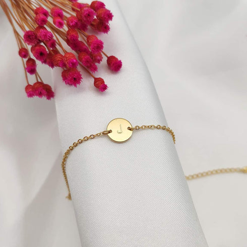 Personalized Initial Bracelet, 18K Gold Plated Stainless Steel Letter Bracelet Dainty Coin Charm Bracelet Delicate Disc Name Bracelet for Women...
