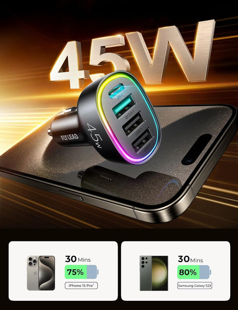 USB C Car Charger, 45W 4 Ports Super Fast Car Charger Adapter, PD3.0 & QC3.0 30W Type C Car Charger Compatible with iPhone 15/14/13/12/11, Samsung...