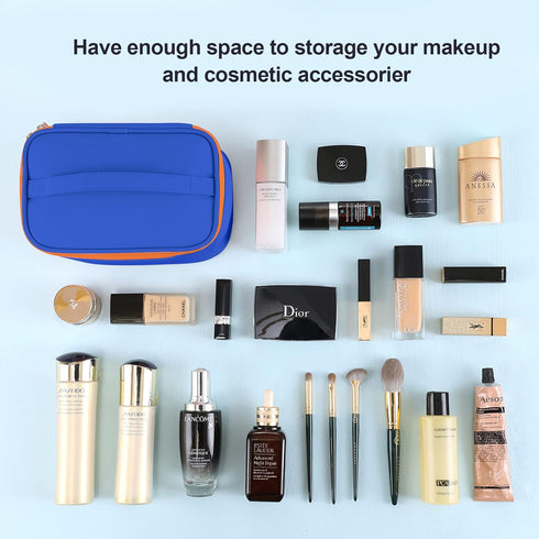 Makeup Bag Portable Travel Cosmetic Bag for Women, Beauty Zipper Makeup Organizer PU Leather Washable Waterproof (Blue)...