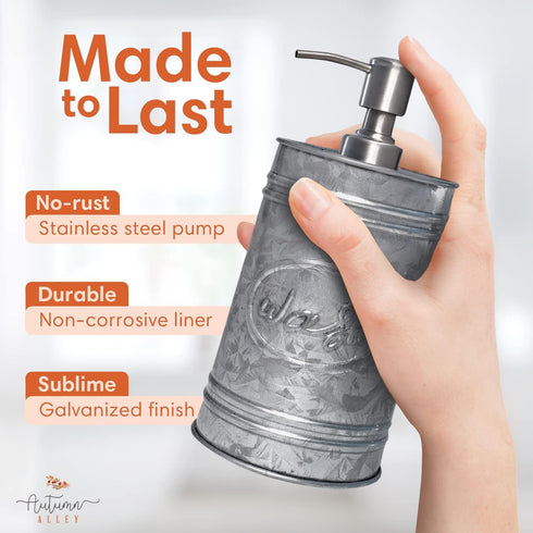 Autumn Alley Galvanized Farmhouse Soap Dispenser Kitchen - Rustic Soap Dispenser for Bathroom - Stainless Steel Pump for Hand Wash, Sanitizer, Lot...
