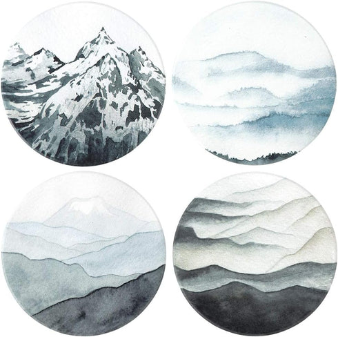 Lahome Mountain Range Coasters - Round Drinks Absorbent Stone Coaster Set with Ceramic Stone and Cork Base for Kinds of Mugs and Cups (Mountain Ra...