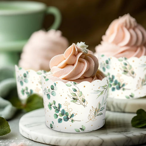 100Pcs Eucalyptus Leaf Paper Baking Cups Green Gold Foil Leaves Cupcake Wrappers Scalloped Edge Cupcake Muffin Cases for Wedding Birthday Party...