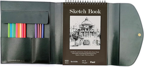 Sketchbook cover with pencil holder, Artist sketchbook leather cover artis Gifts, Drawing book and pencil case, Art book for drawing (for 5.5" x 8...