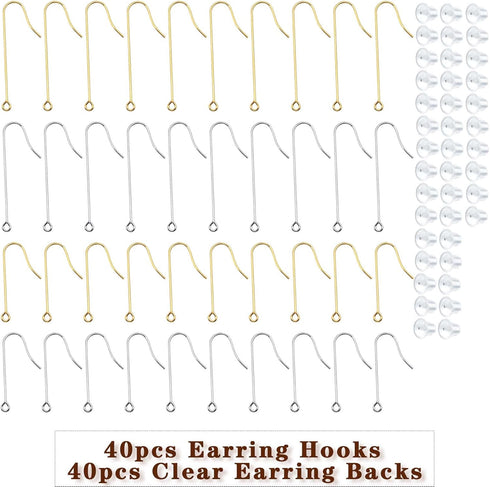 40pcs 2 Sizes Stainless Steel Earring Hooks Hypoallergenic French Long Earwire Hooks with Loop and 40pcs Bullet Earring Backs for DIY Earring Jewe...