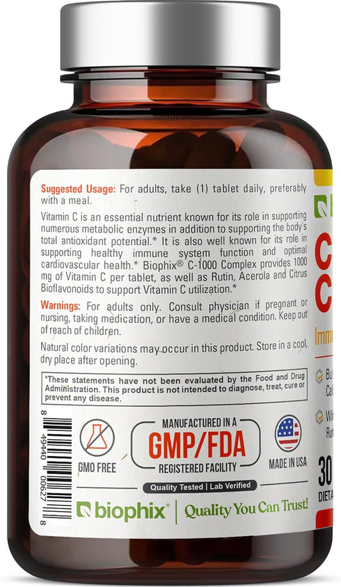 biophix Vitamin C-1000 mg 30 Tablets Complex - Vegan with Calcium Citrus Bioflavonoids Acerola Rutin - Supports Immune Health...