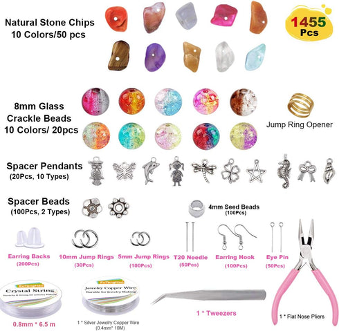 EuTengHao 1458Pcs Irregular Chip Stone Beads Natural Gemstone Beads and Crackle Lampwork Glass Beads 8mm Round Handcrafted Crackle Beads Kit for B...