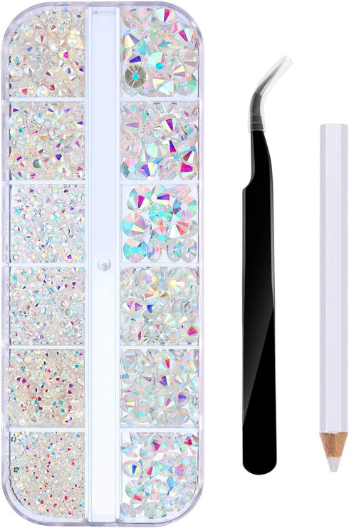 2000 Pieces Flat Back Gems Rhinestones 6 Sizes (1.5-6 Mm) Round Crystal Rhinestones with Pick up Tweezer and Picking Pen for Crafts Nail Clothes S...