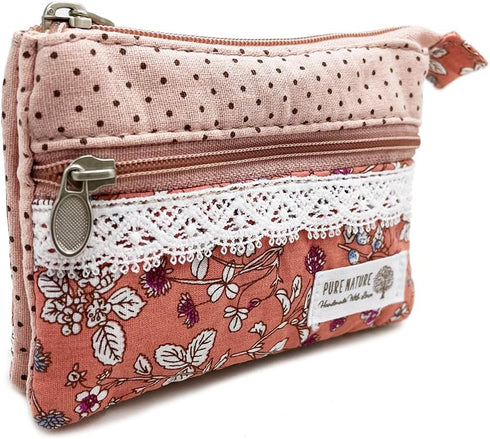 Women Small Zipper Coin Purse - Handmade Fabric Flower Embroidered Change Pouch - Cotton Double Zipper Wallet...