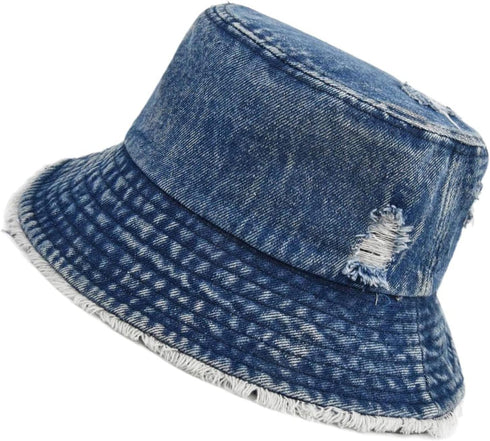 Distressed Denim Bucket Hat Ripped Frayed Edge Sun Hat for Women Men...