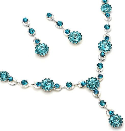Silver Aqua Rhinestone Flower and Aqua Rhinestone T Necklace with Matching Dangle Earrings Set...